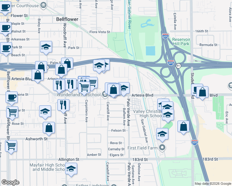 map of restaurants, bars, coffee shops, grocery stores, and more near 10505 Artesia Boulevard in Bellflower