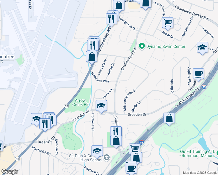 map of restaurants, bars, coffee shops, grocery stores, and more near 2404 Arrow Circle in Chamblee