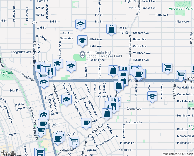 map of restaurants, bars, coffee shops, grocery stores, and more near 1551 Artesia Boulevard in Manhattan Beach