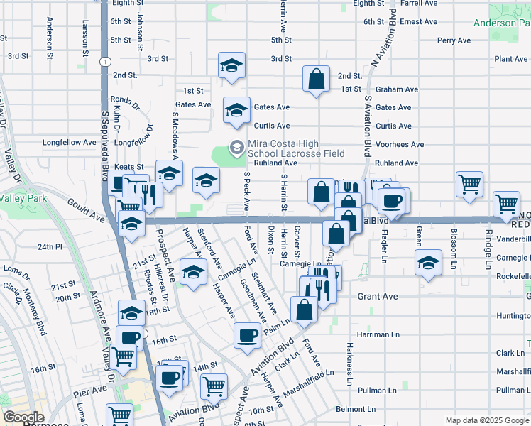 map of restaurants, bars, coffee shops, grocery stores, and more near 1529 Artesia Boulevard in Manhattan Beach