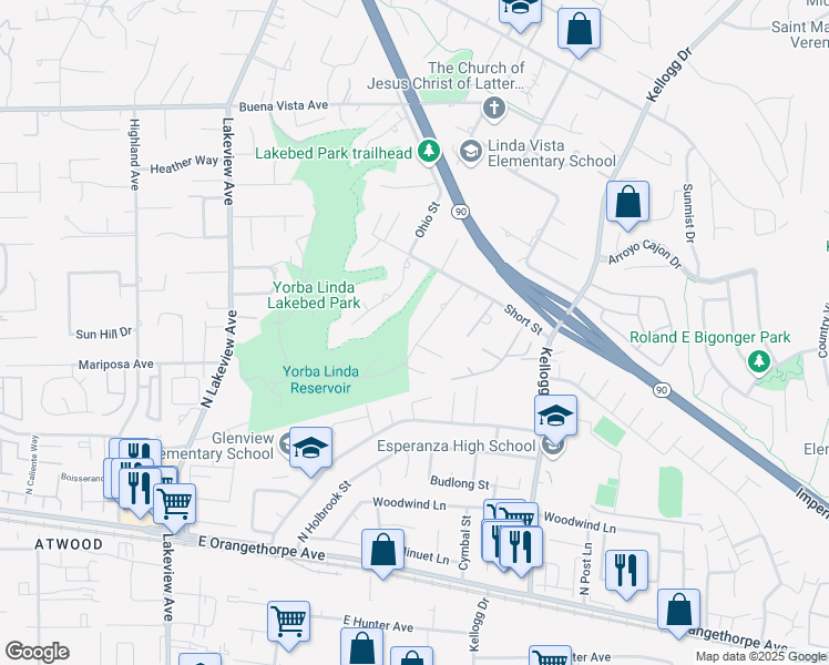 map of restaurants, bars, coffee shops, grocery stores, and more near 6081 Ridge Way in Yorba Linda