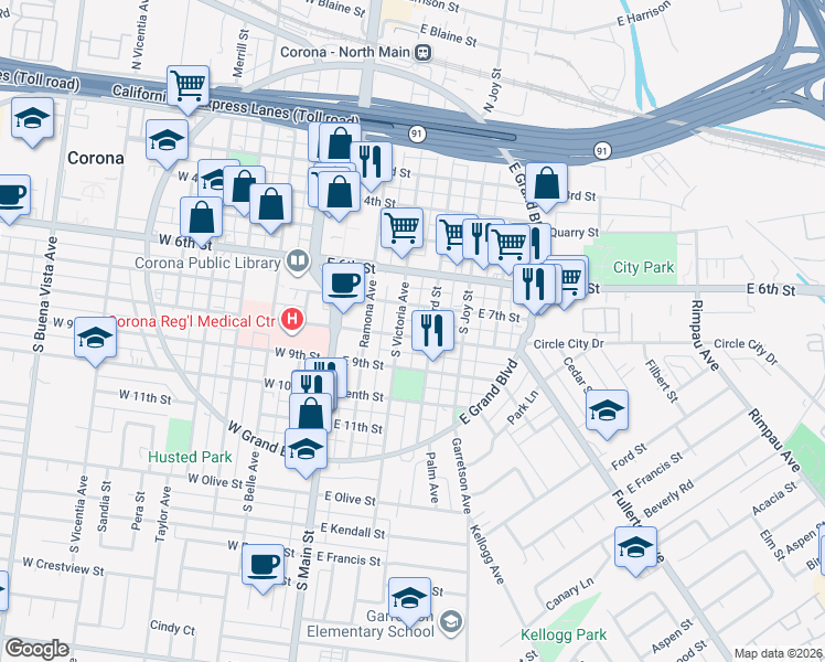 map of restaurants, bars, coffee shops, grocery stores, and more near 311 East 8th Street in Corona