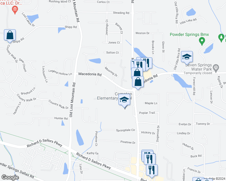 map of restaurants, bars, coffee shops, grocery stores, and more near 3310 Springville Road in Powder Springs