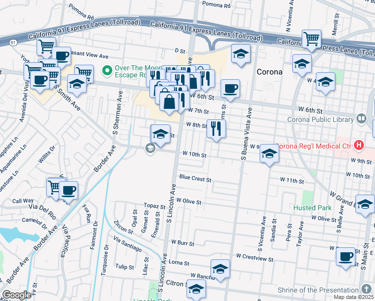 map of restaurants, bars, coffee shops, grocery stores, and more near 1068 West 10th Street in Corona