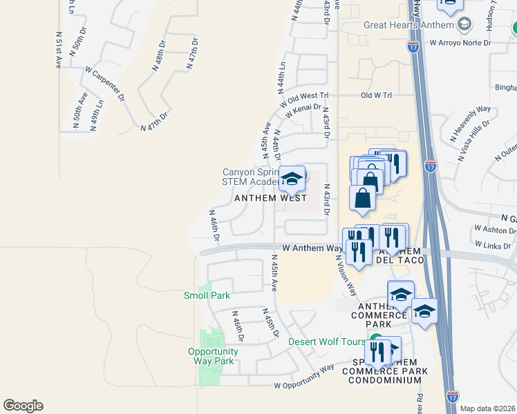 map of restaurants, bars, coffee shops, grocery stores, and more near 42719 North 45th Drive in Phoenix