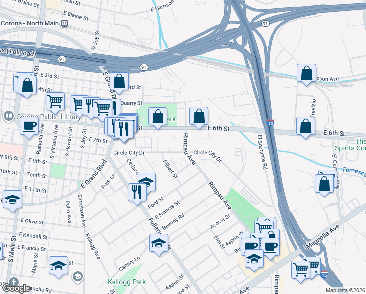 map of restaurants, bars, coffee shops, grocery stores, and more near 1065 Circle City Drive in Corona