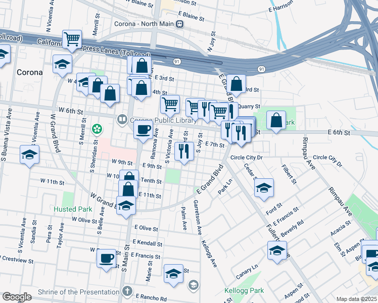 map of restaurants, bars, coffee shops, grocery stores, and more near 409 East 8th Street in Corona