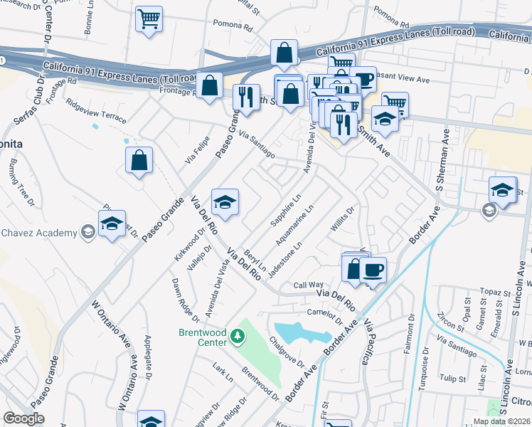 map of restaurants, bars, coffee shops, grocery stores, and more near 976 Avenida Del Vista in Corona