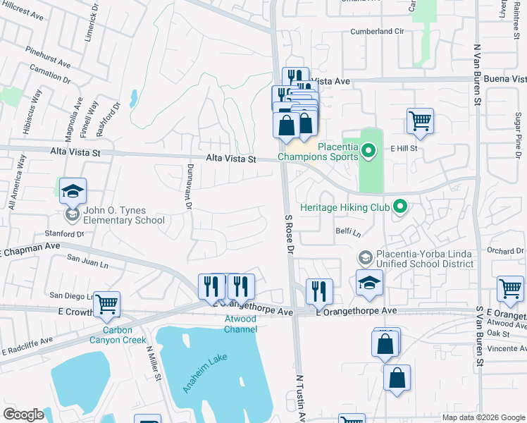 map of restaurants, bars, coffee shops, grocery stores, and more near 422 Little Drive in Placentia