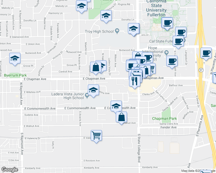 map of restaurants, bars, coffee shops, grocery stores, and more near 312 North Hale Avenue in Fullerton