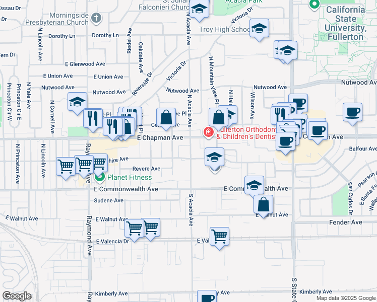 map of restaurants, bars, coffee shops, grocery stores, and more near 303 North Acacia Avenue in Fullerton