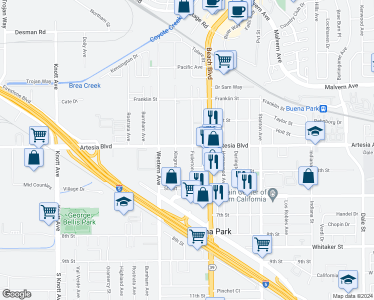 map of restaurants, bars, coffee shops, grocery stores, and more near 7614 Artesia Boulevard in Buena Park