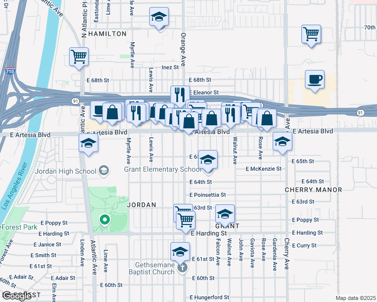 map of restaurants, bars, coffee shops, grocery stores, and more near 6501 Orange Avenue in Long Beach