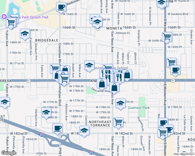 map of restaurants, bars, coffee shops, grocery stores, and more near 2425 Artesia Boulevard in Torrance