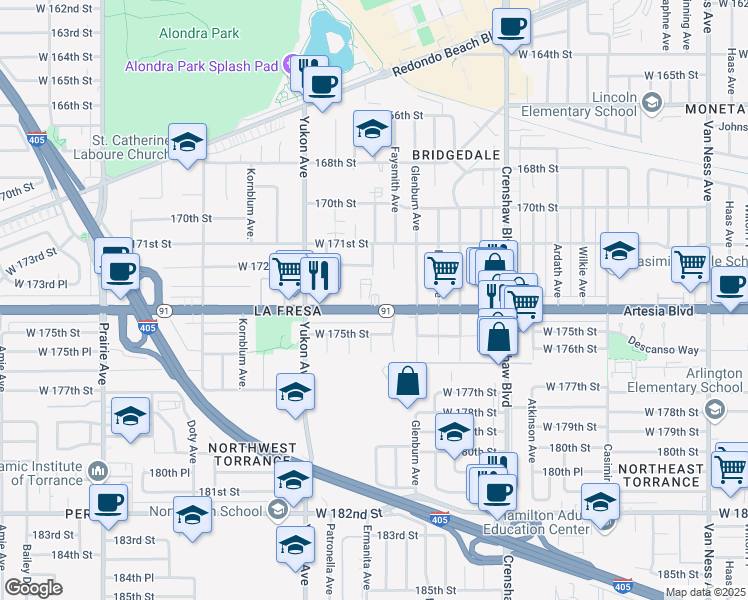 map of restaurants, bars, coffee shops, grocery stores, and more near 3349 Artesia Boulevard in Torrance