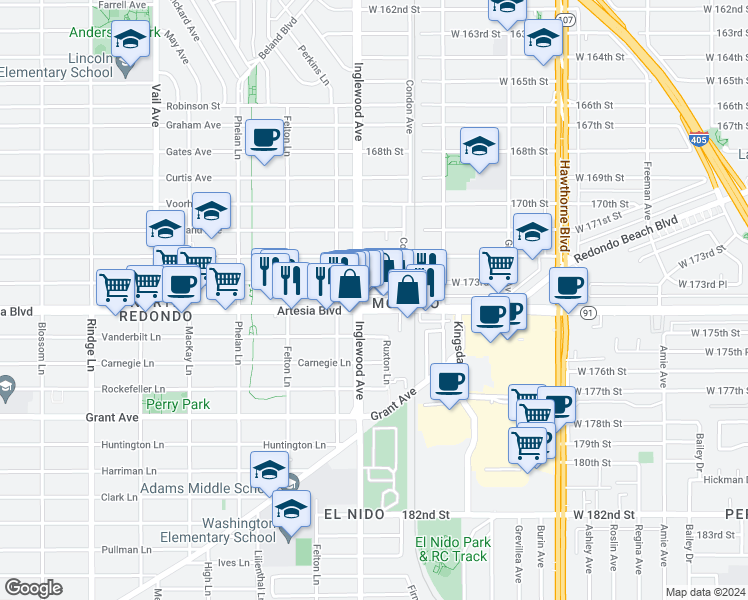 map of restaurants, bars, coffee shops, grocery stores, and more near 4727 Artesia Boulevard in Lawndale