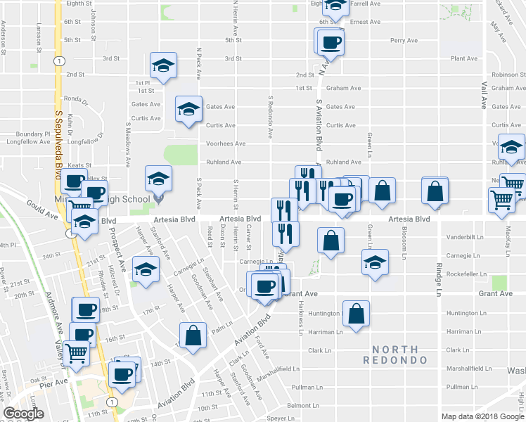 map of restaurants, bars, coffee shops, grocery stores, and more near 1701 Artesia Boulevard in Manhattan Beach
