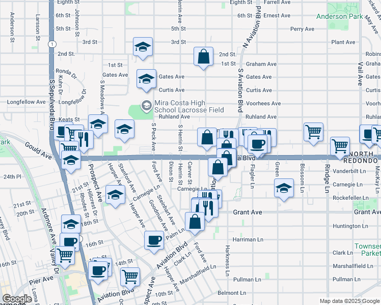map of restaurants, bars, coffee shops, grocery stores, and more near 1617 Artesia Boulevard in Manhattan Beach