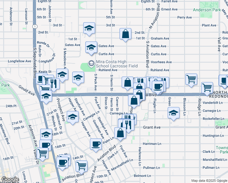 map of restaurants, bars, coffee shops, grocery stores, and more near 1617 Artesia Boulevard in Manhattan Beach