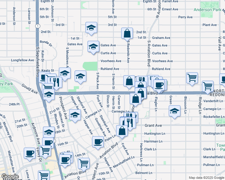 map of restaurants, bars, coffee shops, grocery stores, and more near 1535 Artesia Boulevard in Manhattan Beach