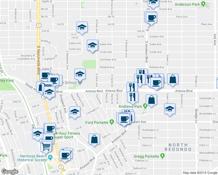 map of restaurants, bars, coffee shops, grocery stores, and more near 1535 Artesia Boulevard in Manhattan Beach