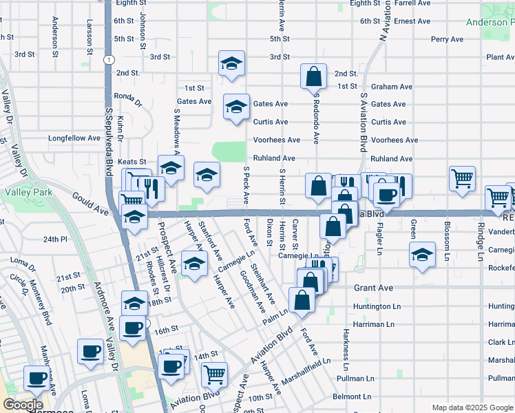 map of restaurants, bars, coffee shops, grocery stores, and more near 1535 Artesia Boulevard in Manhattan Beach