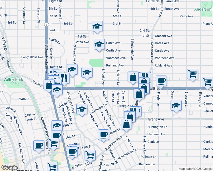 map of restaurants, bars, coffee shops, grocery stores, and more near in Redondo Beach