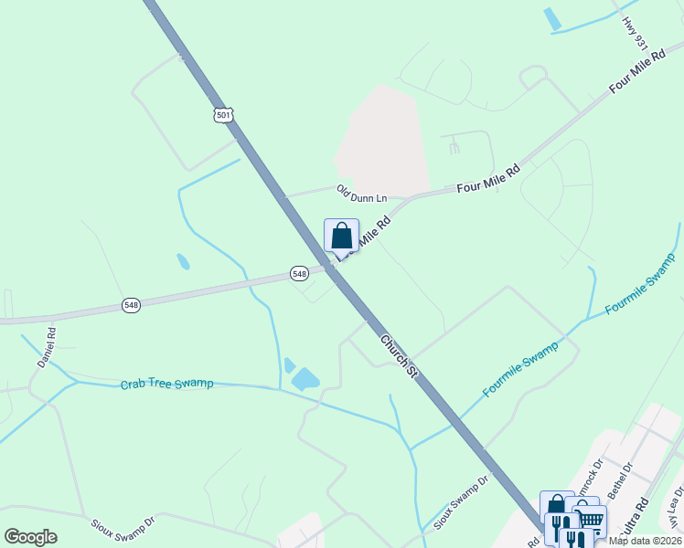 map of restaurants, bars, coffee shops, grocery stores, and more near 3380 U.S. 501 in Conway