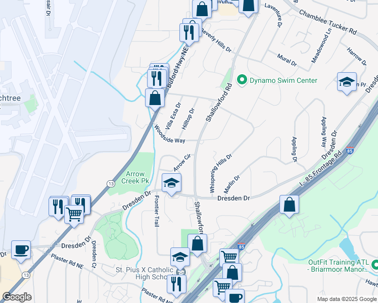 map of restaurants, bars, coffee shops, grocery stores, and more near 2404 Arrow Circle in Chamblee
