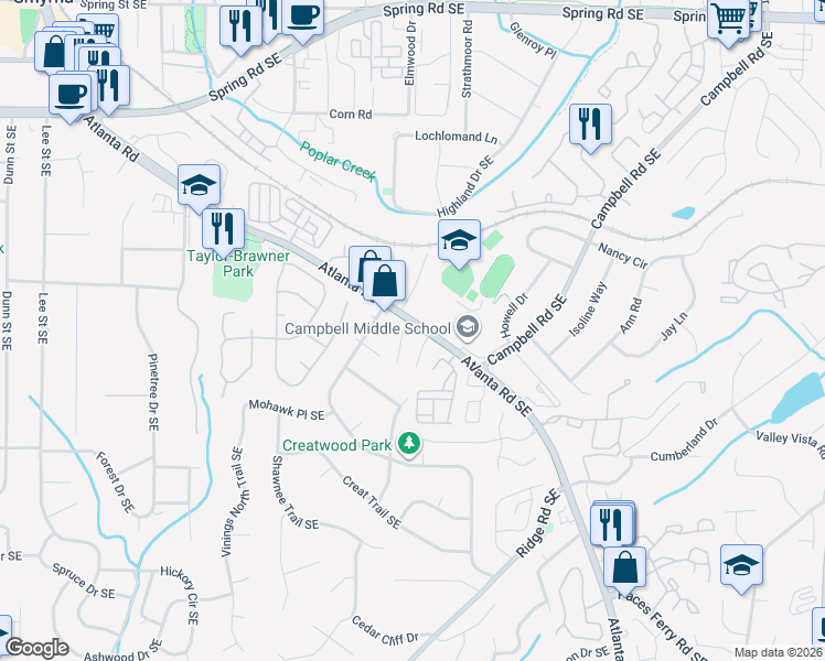 map of restaurants, bars, coffee shops, grocery stores, and more near 37 Villa Court Southeast in Smyrna