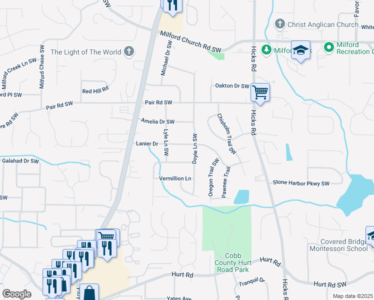 map of restaurants, bars, coffee shops, grocery stores, and more near 1093 Lanier Drive Southwest in Atlanta