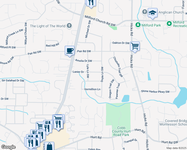 map of restaurants, bars, coffee shops, grocery stores, and more near 1125 Lanier Drive Southwest in Atlanta