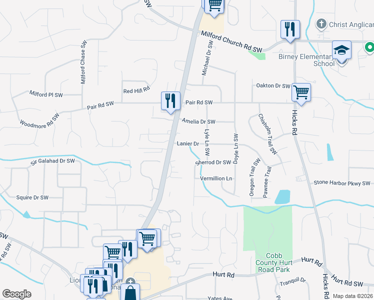 map of restaurants, bars, coffee shops, grocery stores, and more near 1209 Lanier Drive in Marietta