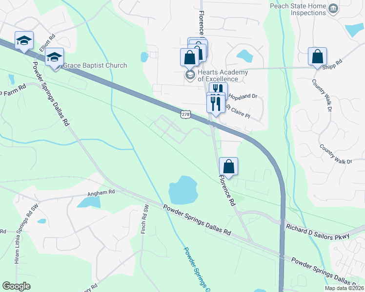 map of restaurants, bars, coffee shops, grocery stores, and more near 3319 Thornbridge Drive in Powder Springs