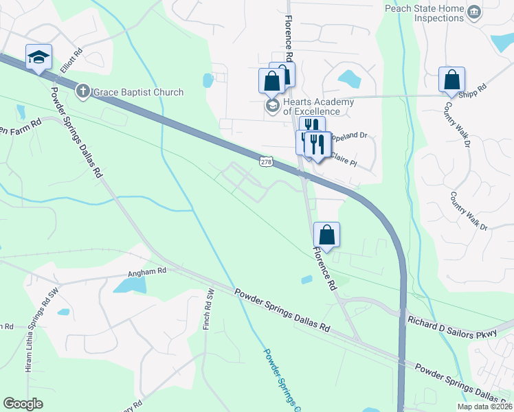 map of restaurants, bars, coffee shops, grocery stores, and more near 3339 Thornbridge Drive in Powder Springs