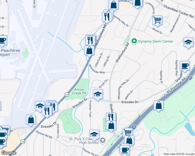 map of restaurants, bars, coffee shops, grocery stores, and more near 2928 Arrow Creek Drive in Chamblee