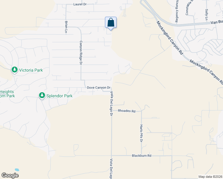 map of restaurants, bars, coffee shops, grocery stores, and more near 17850 Vista Del Lago Drive in Riverside