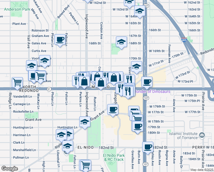 map of restaurants, bars, coffee shops, grocery stores, and more near 4641 Artesia Boulevard in Lawndale