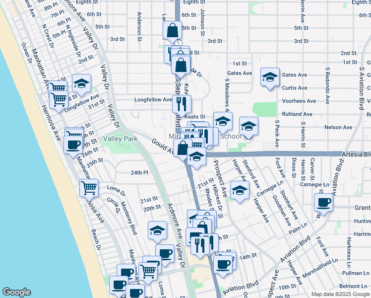 map of restaurants, bars, coffee shops, grocery stores, and more near 953 Artesia Boulevard in Manhattan Beach