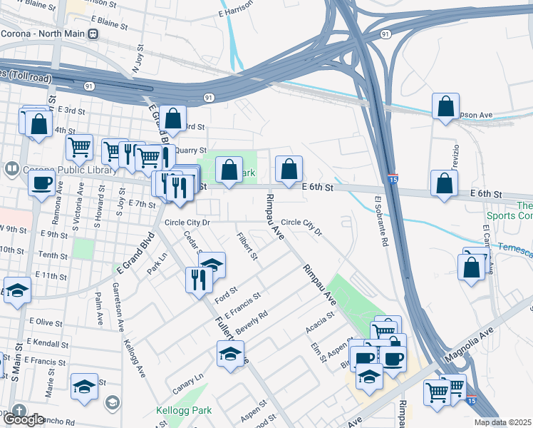 map of restaurants, bars, coffee shops, grocery stores, and more near 760 Rimpau Avenue in Corona