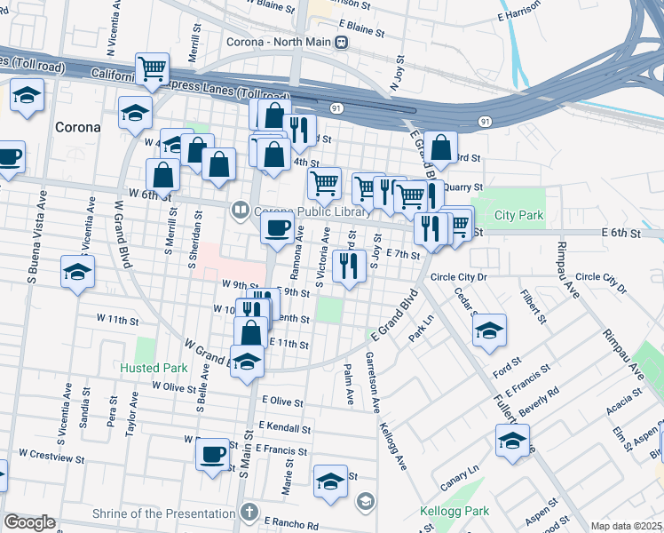 map of restaurants, bars, coffee shops, grocery stores, and more near 311 East 8th Street in Corona