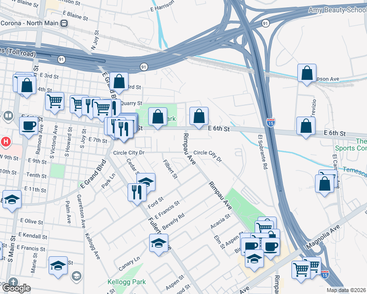 map of restaurants, bars, coffee shops, grocery stores, and more near 1065 Circle City Drive in Corona