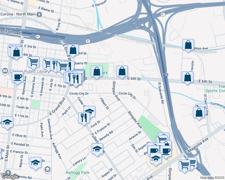 map of restaurants, bars, coffee shops, grocery stores, and more near 760 Rimpau Avenue in Corona