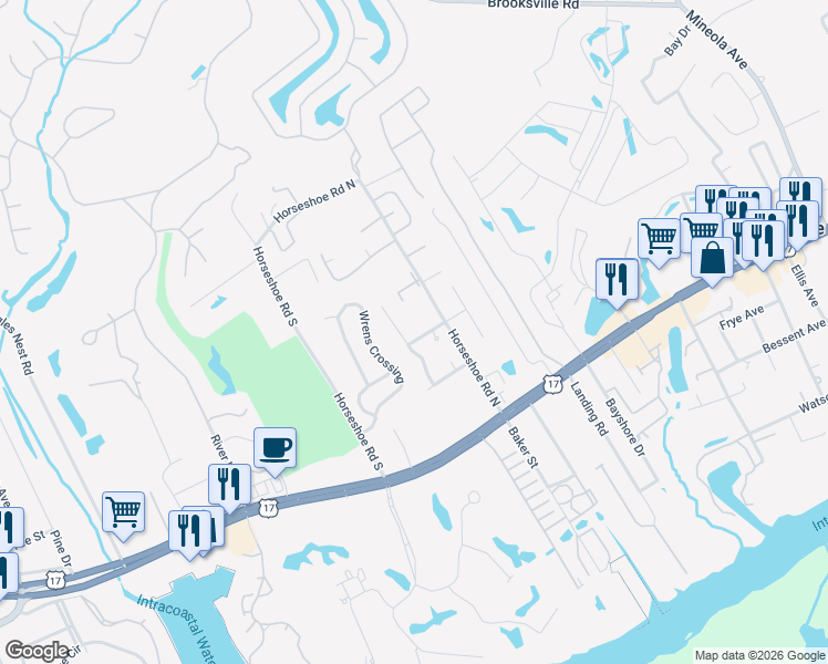 map of restaurants, bars, coffee shops, grocery stores, and more near 3810 Canvas Back Drive in Little River