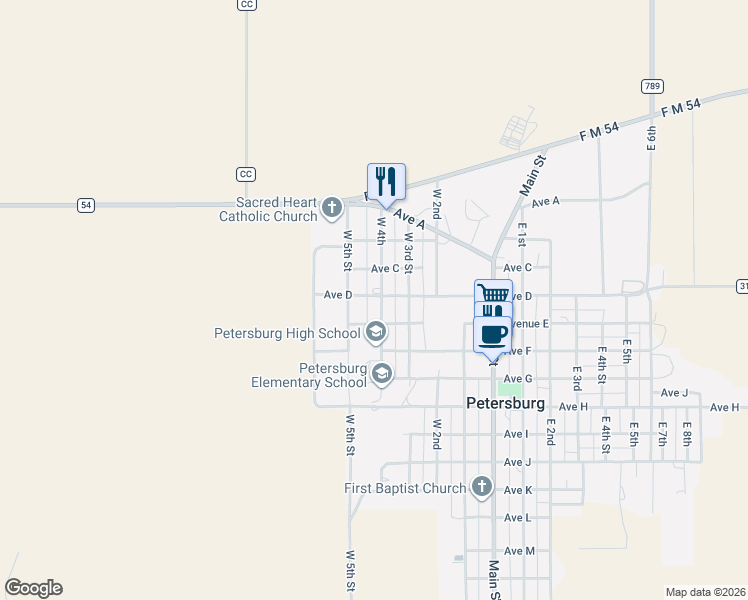 map of restaurants, bars, coffee shops, grocery stores, and more near 1304 West 4th in Petersburg