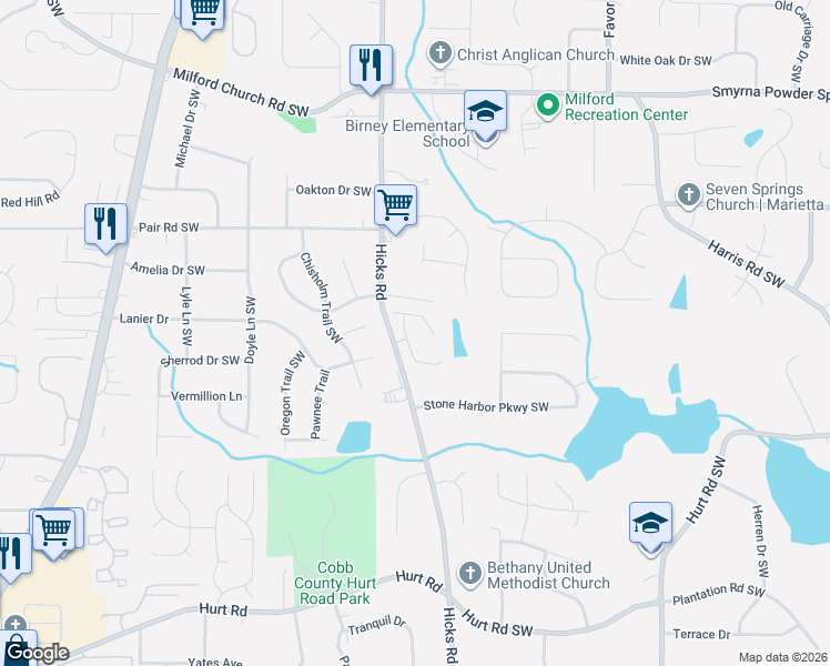 map of restaurants, bars, coffee shops, grocery stores, and more near 3322 Carolina Wren Trail in Marietta