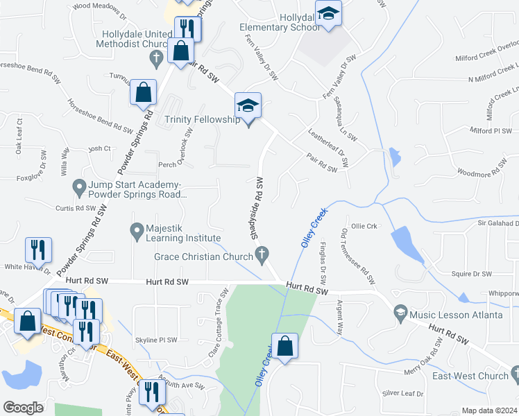 map of restaurants, bars, coffee shops, grocery stores, and more near 3245 Shadyside Road Southwest in Marietta