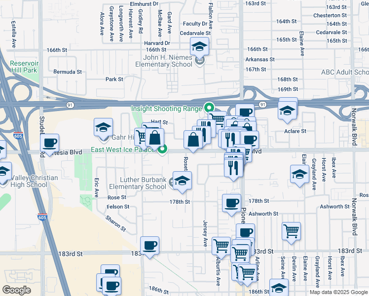 map of restaurants, bars, coffee shops, grocery stores, and more near 11545 Artesia Boulevard in Artesia