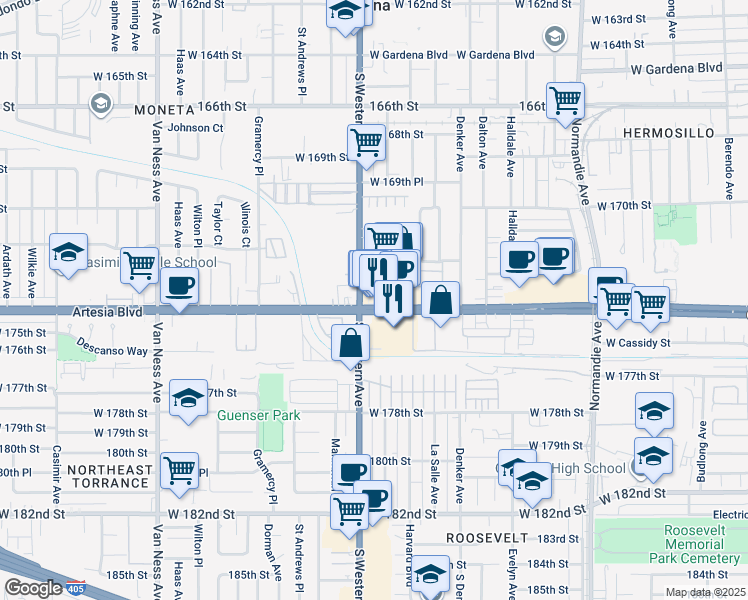 map of restaurants, bars, coffee shops, grocery stores, and more near 18998 South Western Avenue in Gardena