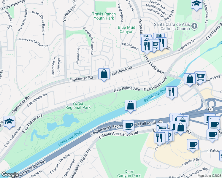map of restaurants, bars, coffee shops, grocery stores, and more near 8024 East Woodsboro Avenue in Anaheim